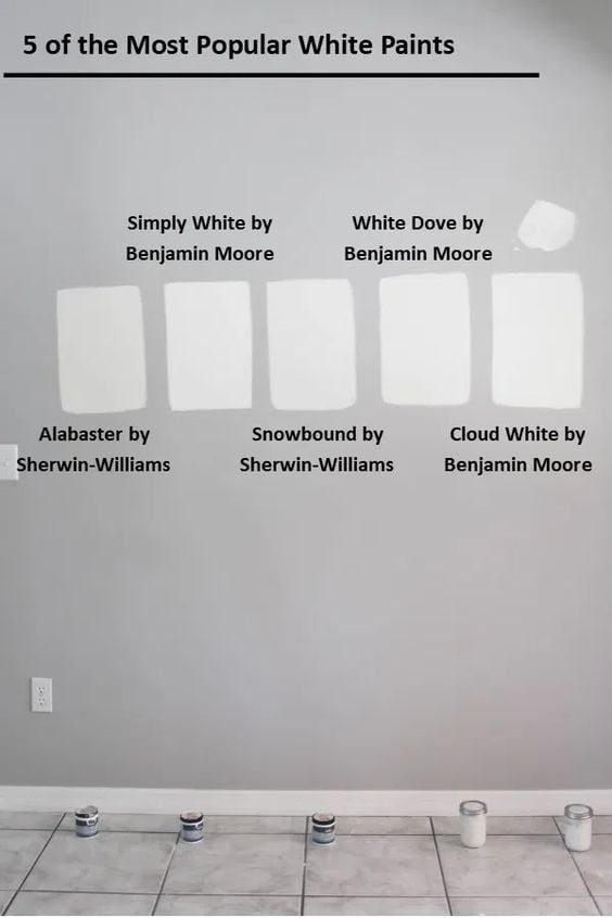 samples of popular white paint colors on a wall
