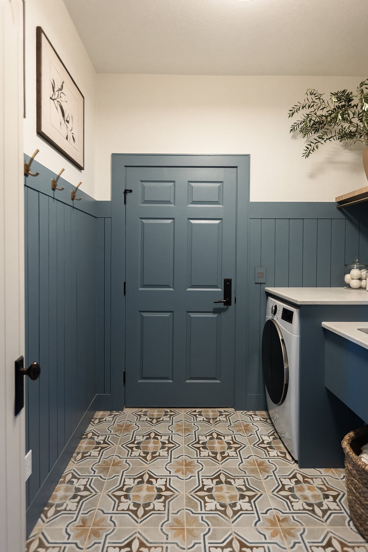 laundry room with sherwin williams blustery sky shiplap walls and ceramic tile