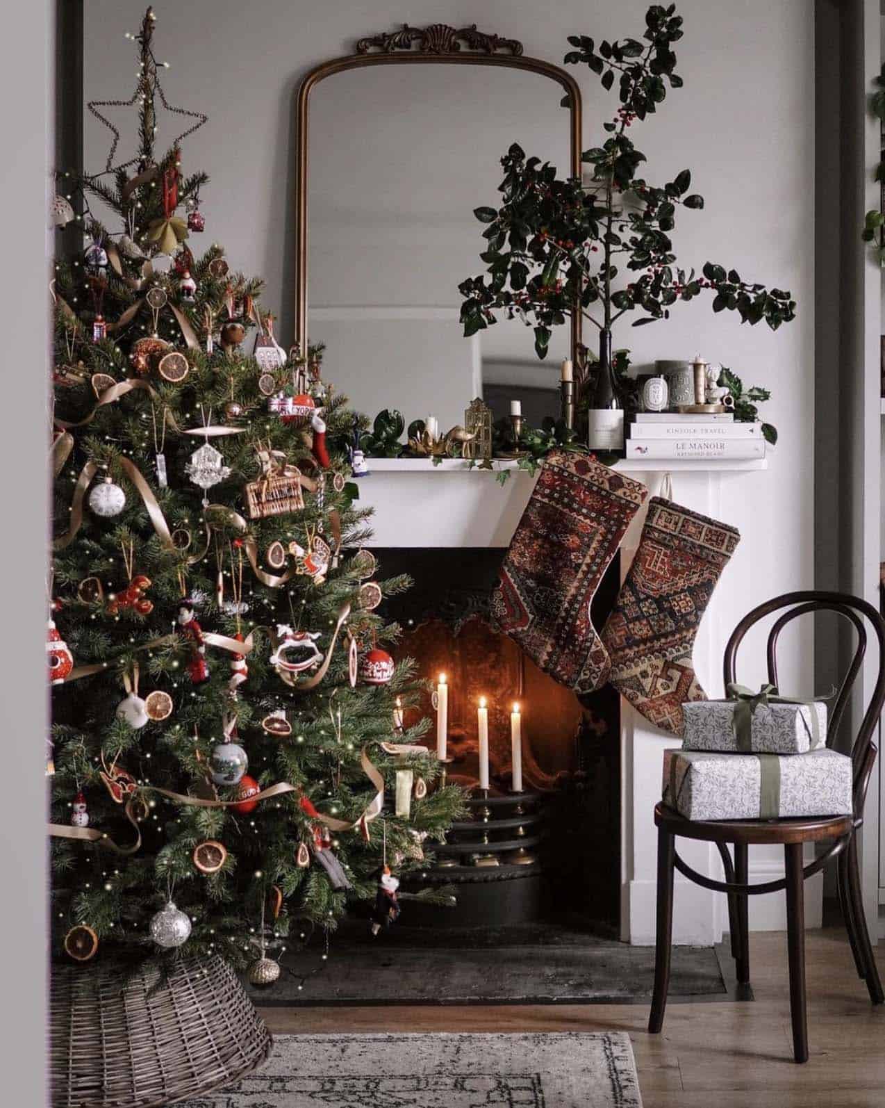 Festive Tinsel Tree with Vintage Ornaments