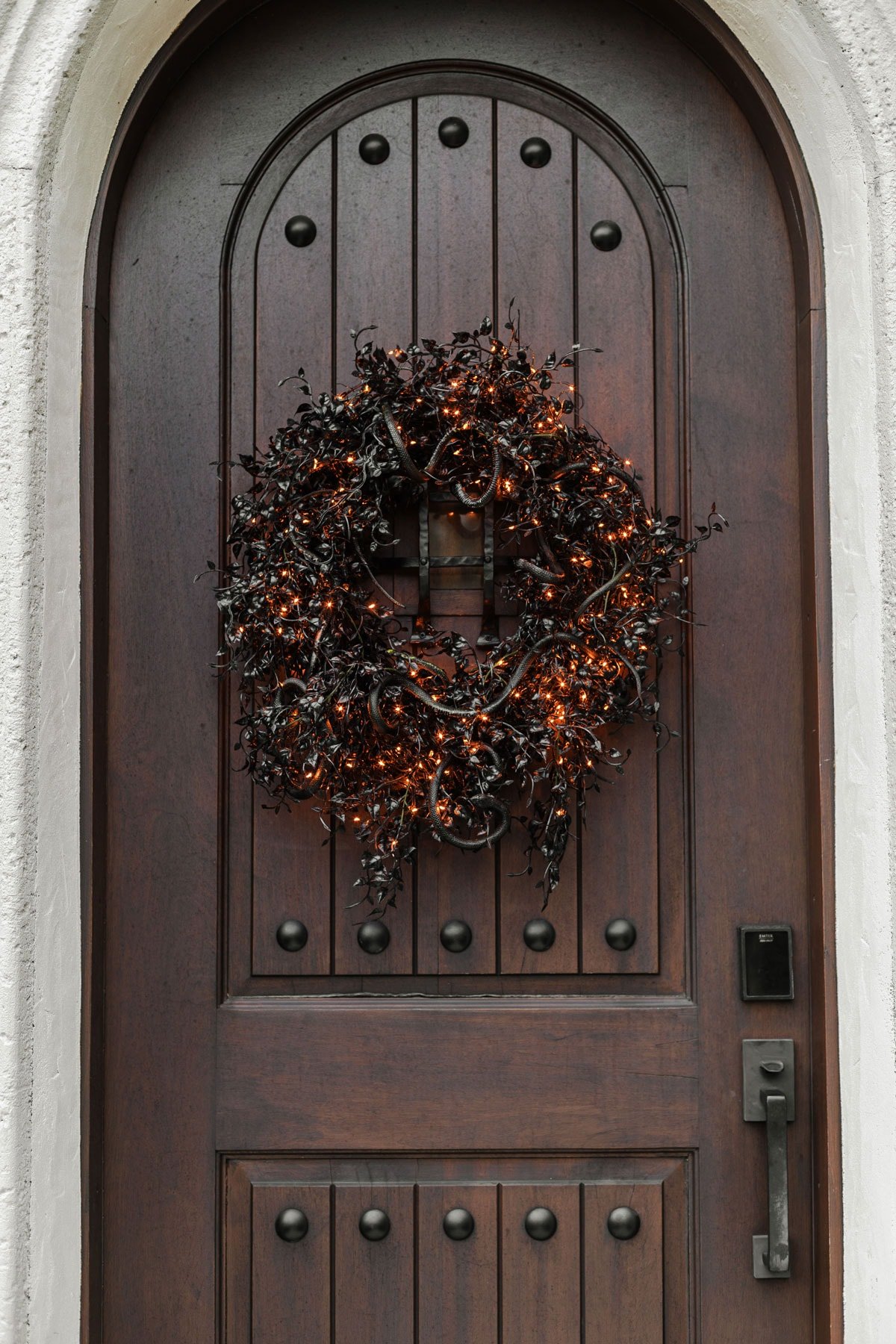 creepy halloween wreath with black ivy and snakes