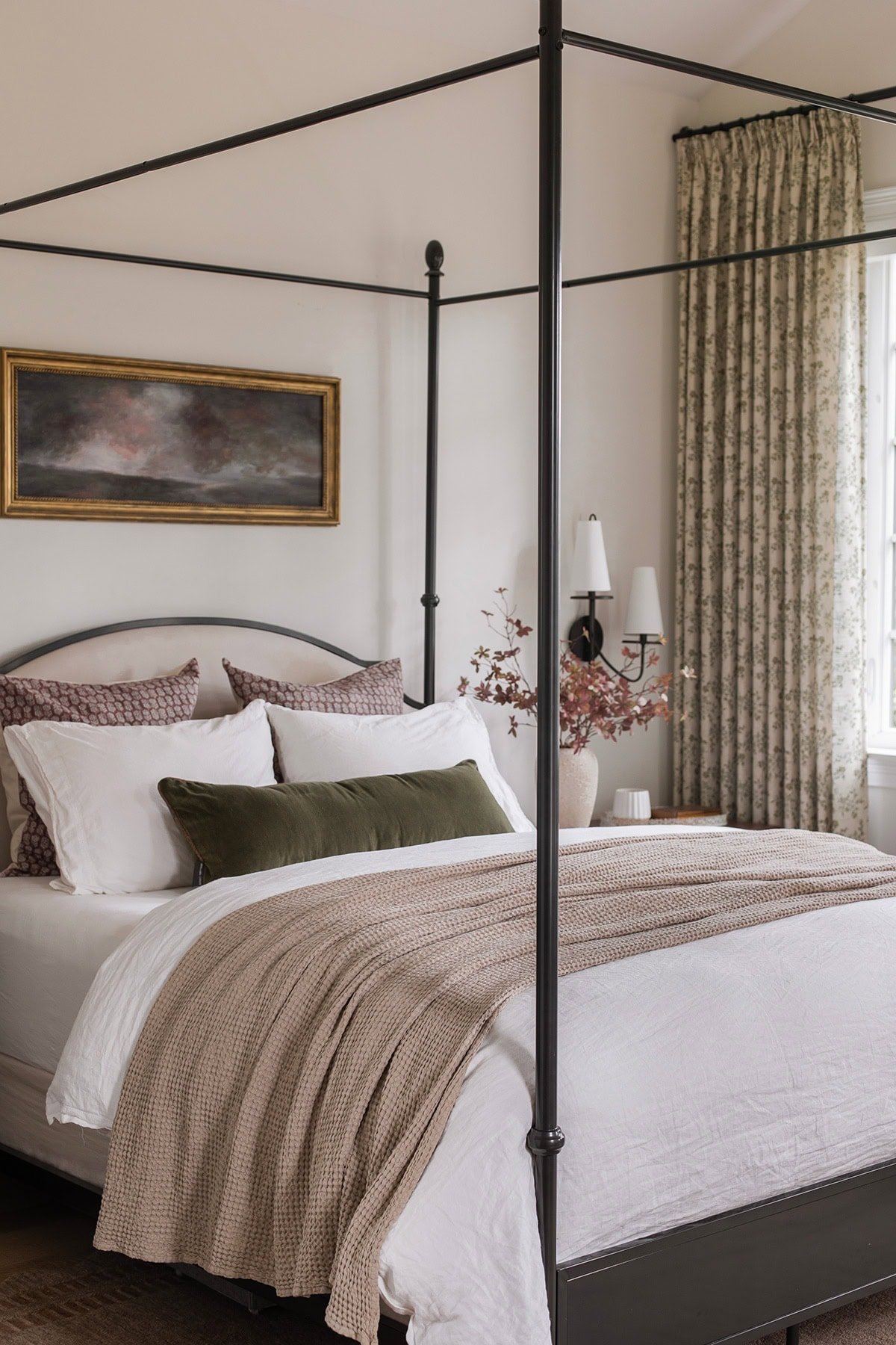 master bedroom with twopages sarale curtains, canopy bed