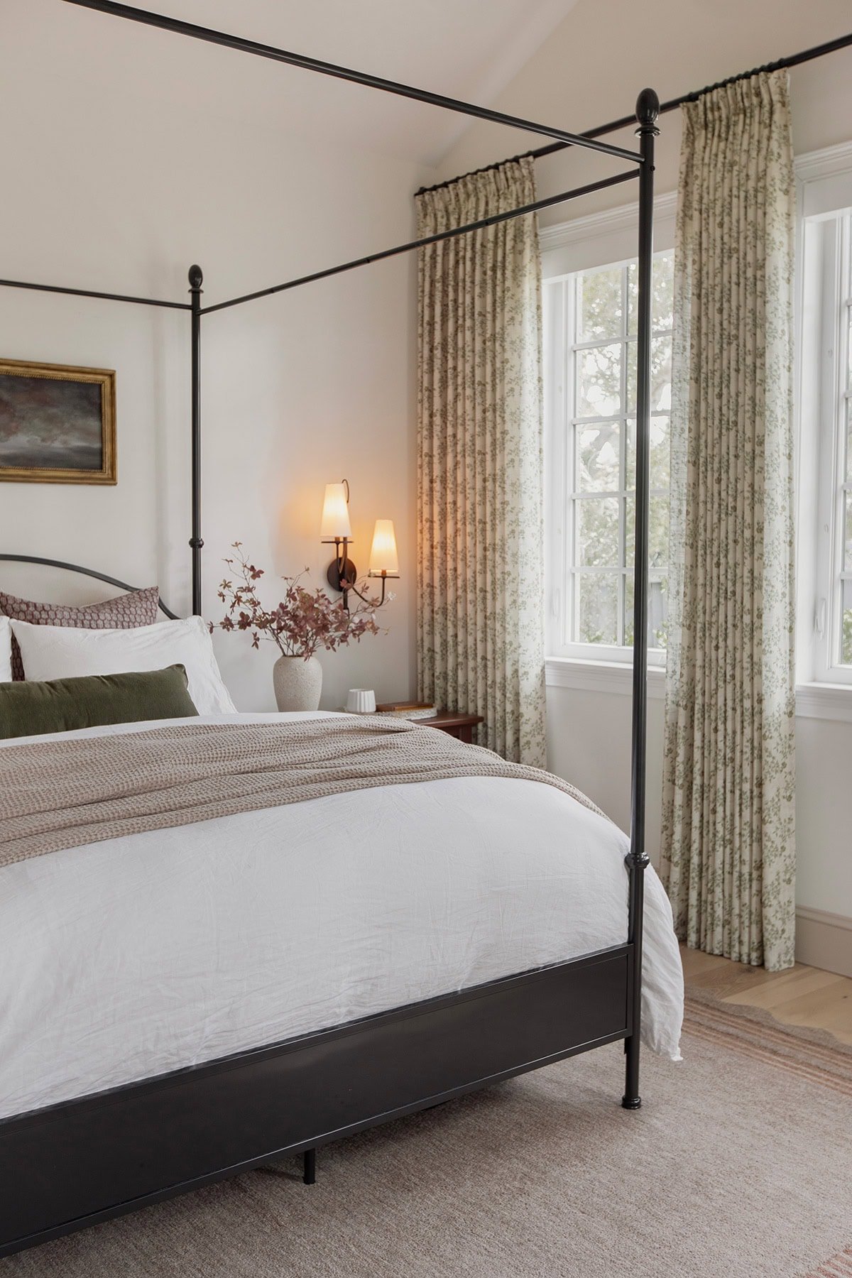 master bedroom with loloi scottie rug, twopages sarale curtains, canopy bed