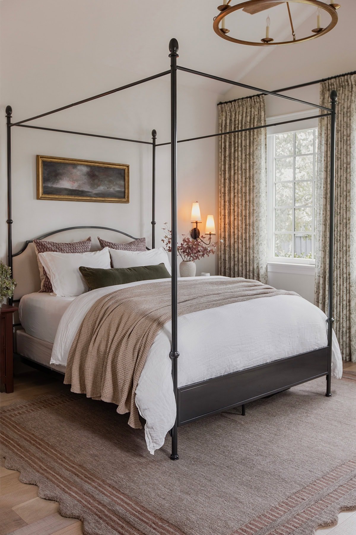 master bedroom with loloi scottie rug, twopages sarale curtains, canopy bed