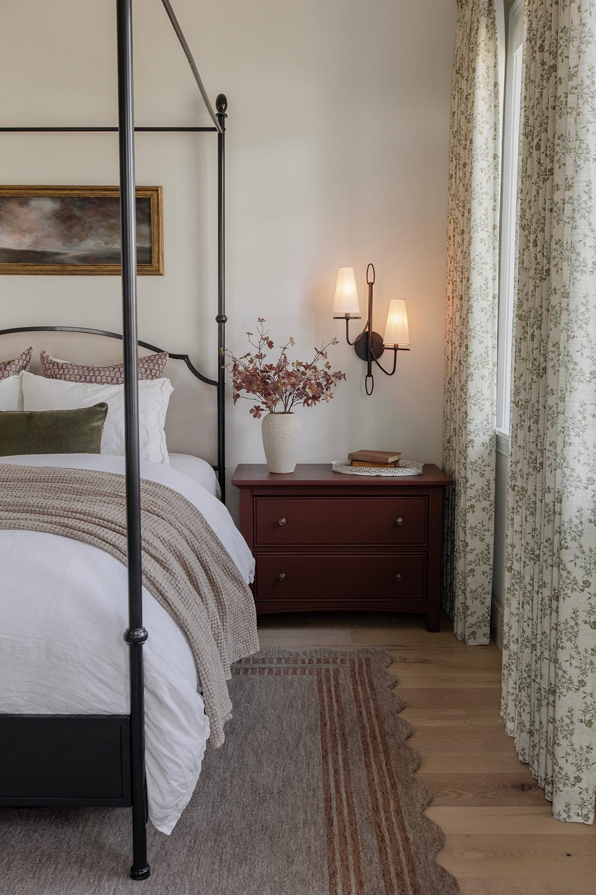 master bedroom with loloi scottie rug, twopages sarale curtains, canopy bed