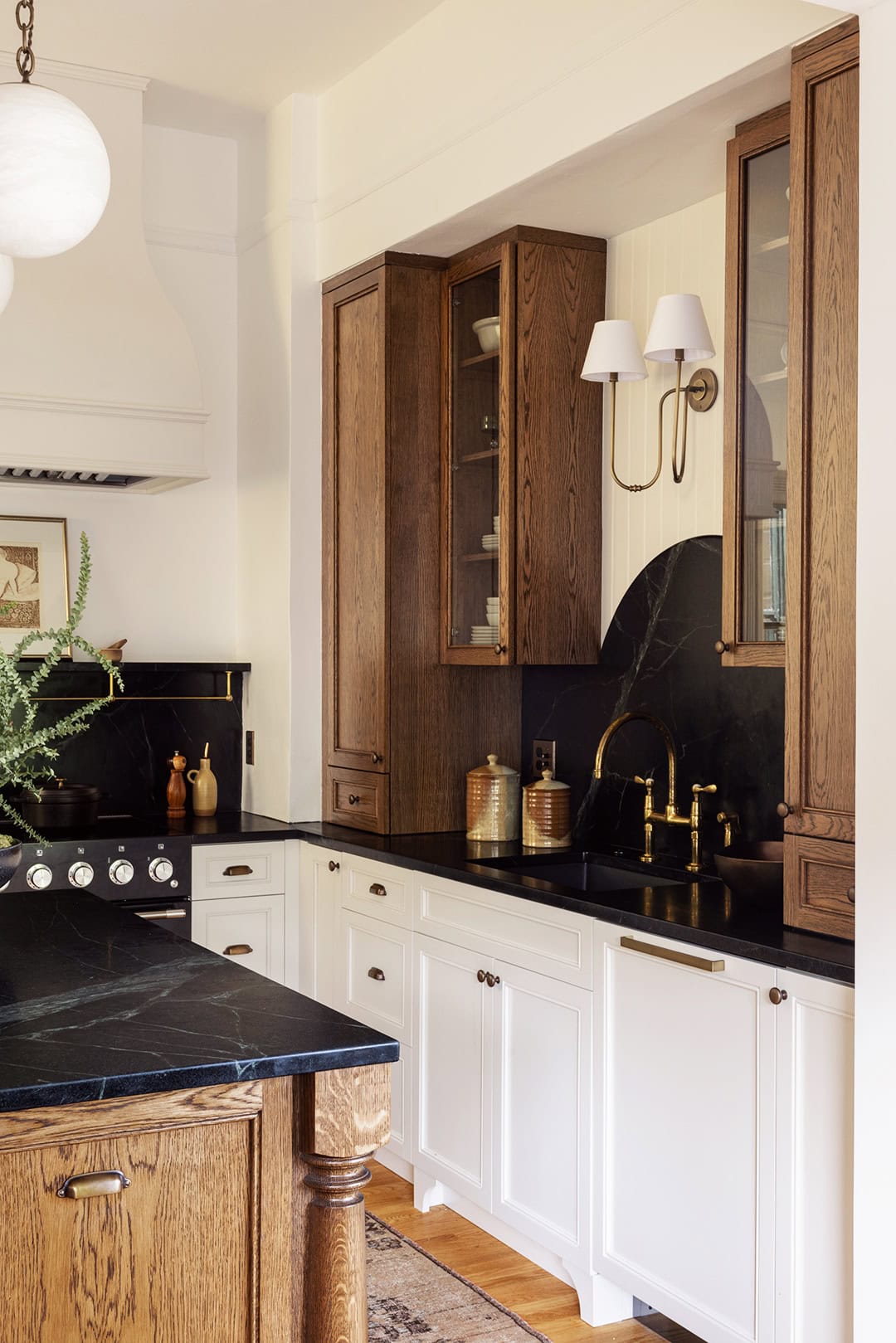 wood upper kitchen cabinets with soapstone counters