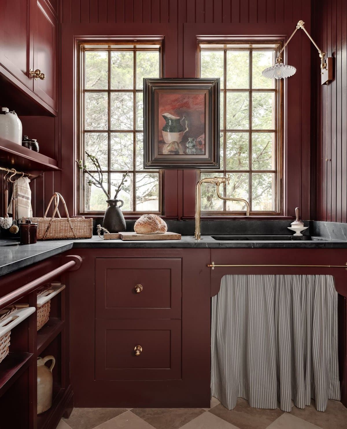 burgundy color drenched butler's pantry