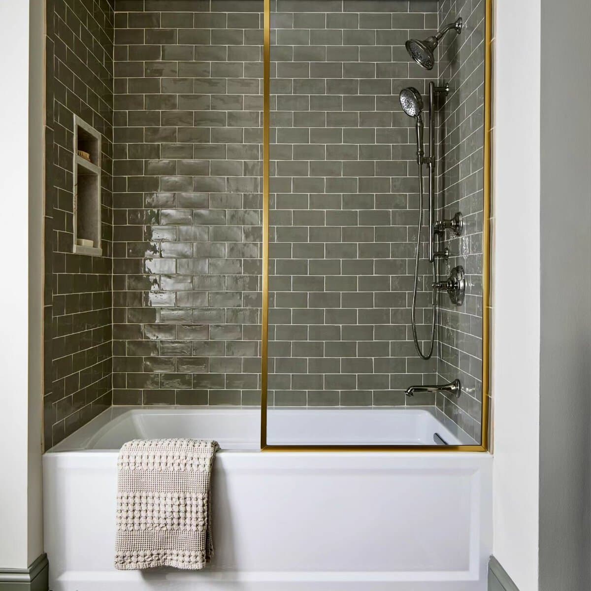 sage green subway tile shower