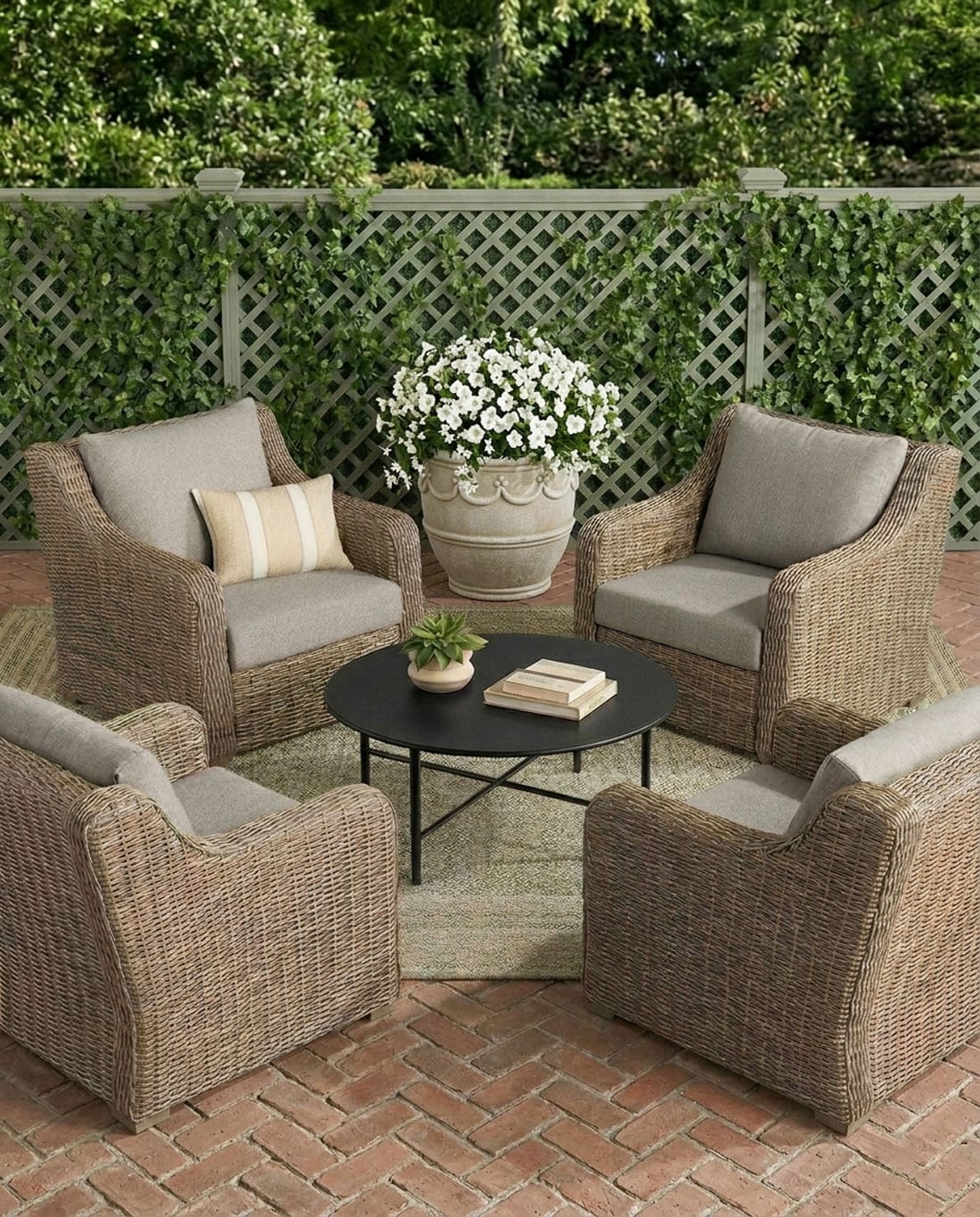 walmart wicker outdoor club chairs with a lattice fence wall