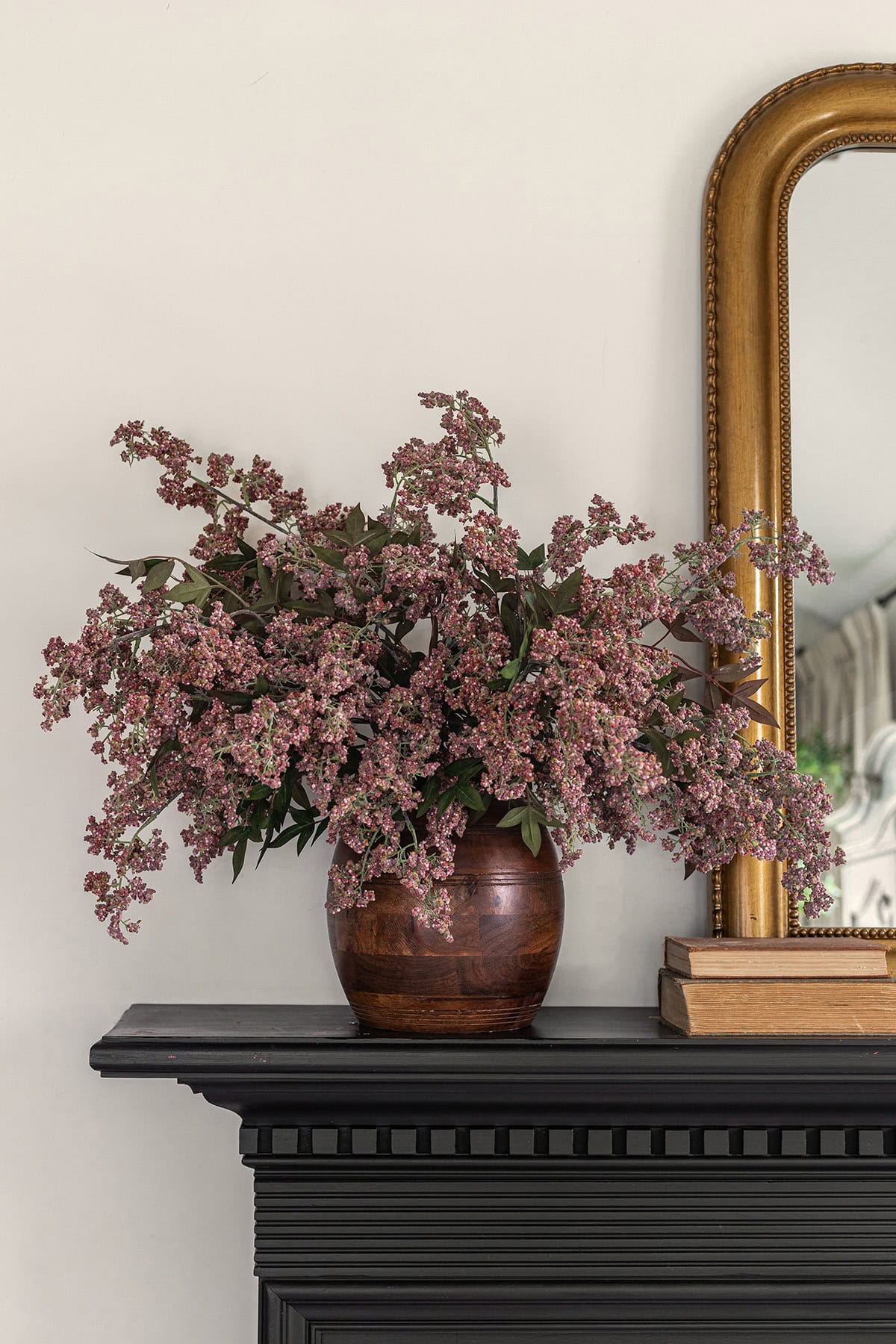 mauve berry branches faux purple stems in wood vase