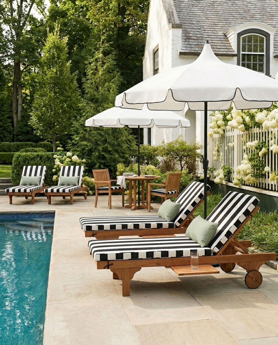 black white and wood chaise lounges with white pagoda umbrella by the pool