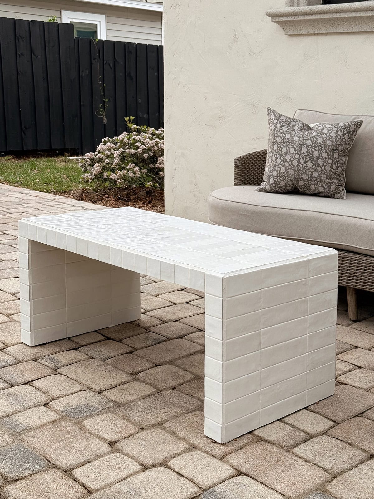 diy outdoor coffee table bench with zellige tiles