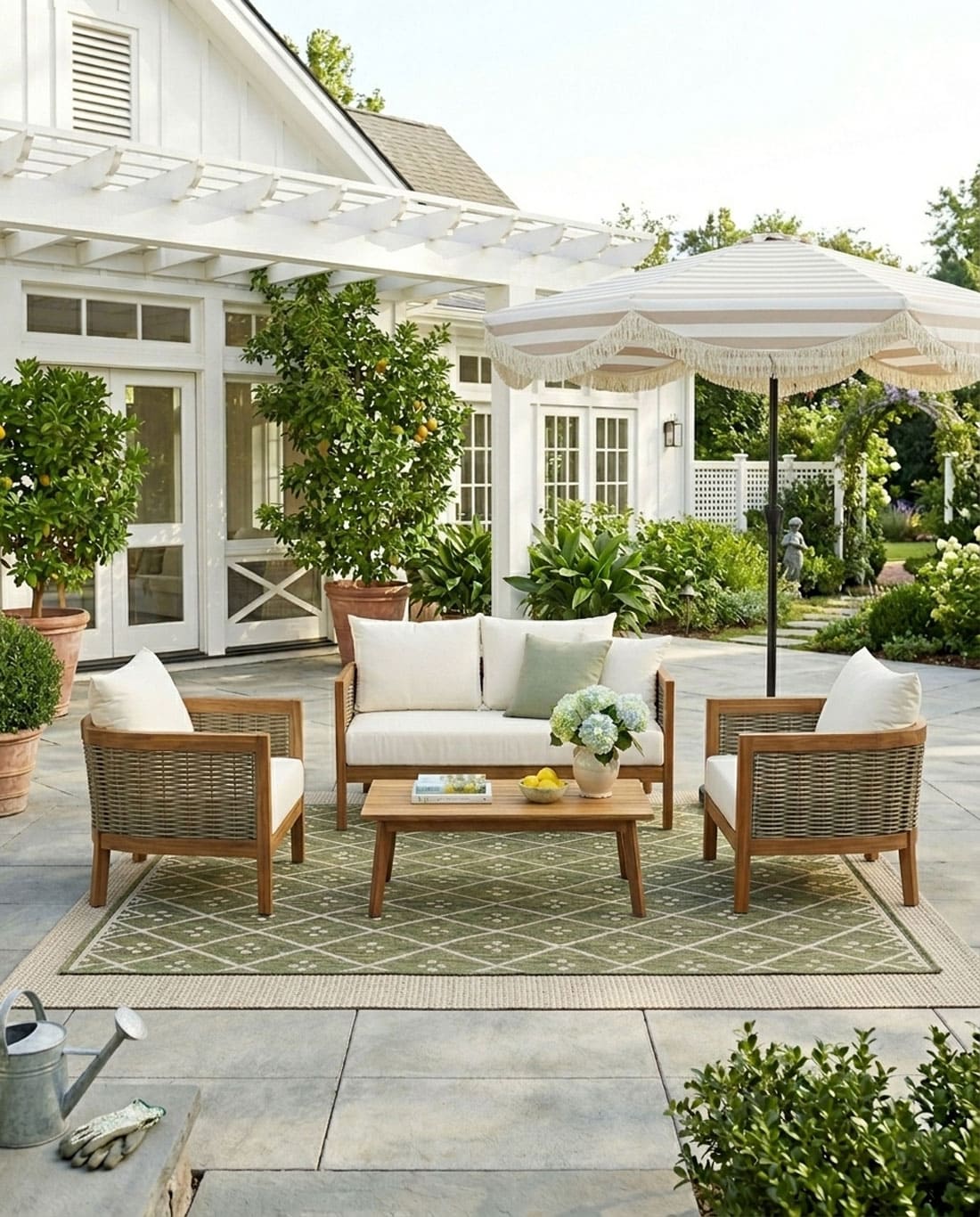 wicker wood patio furniture set with a striped fringe umbrella