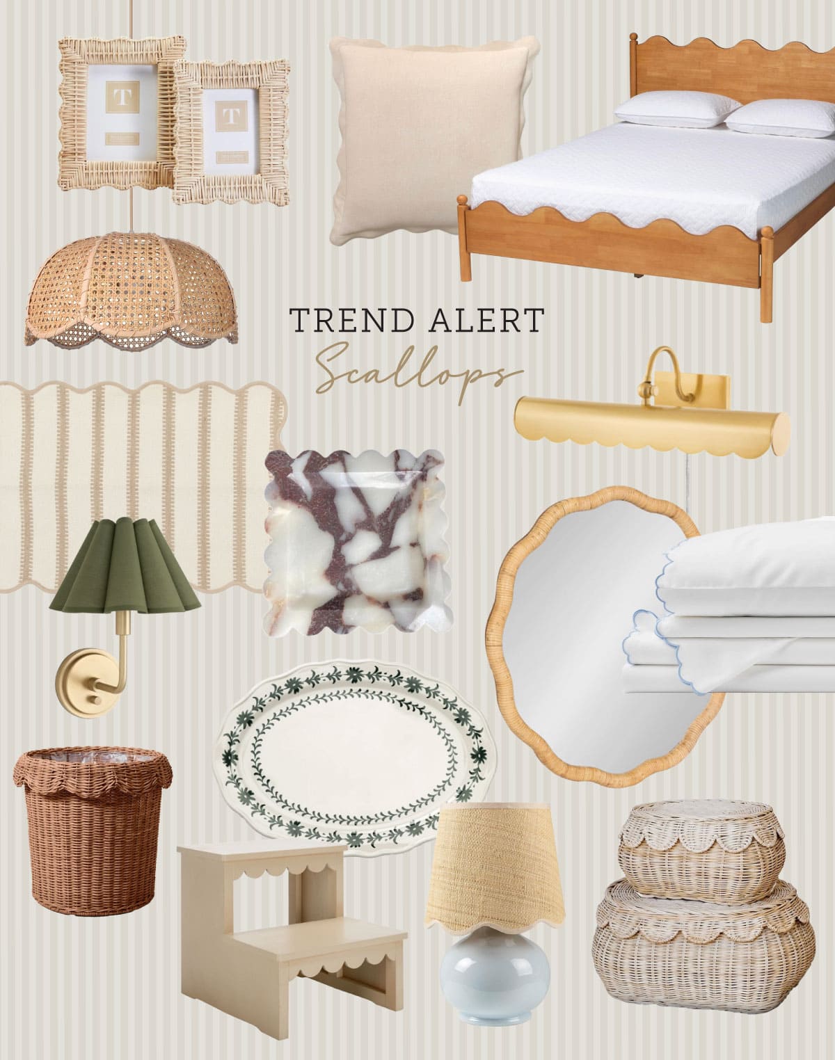 scalloped furniture, lighting, rugs, mirrors, decor roundup