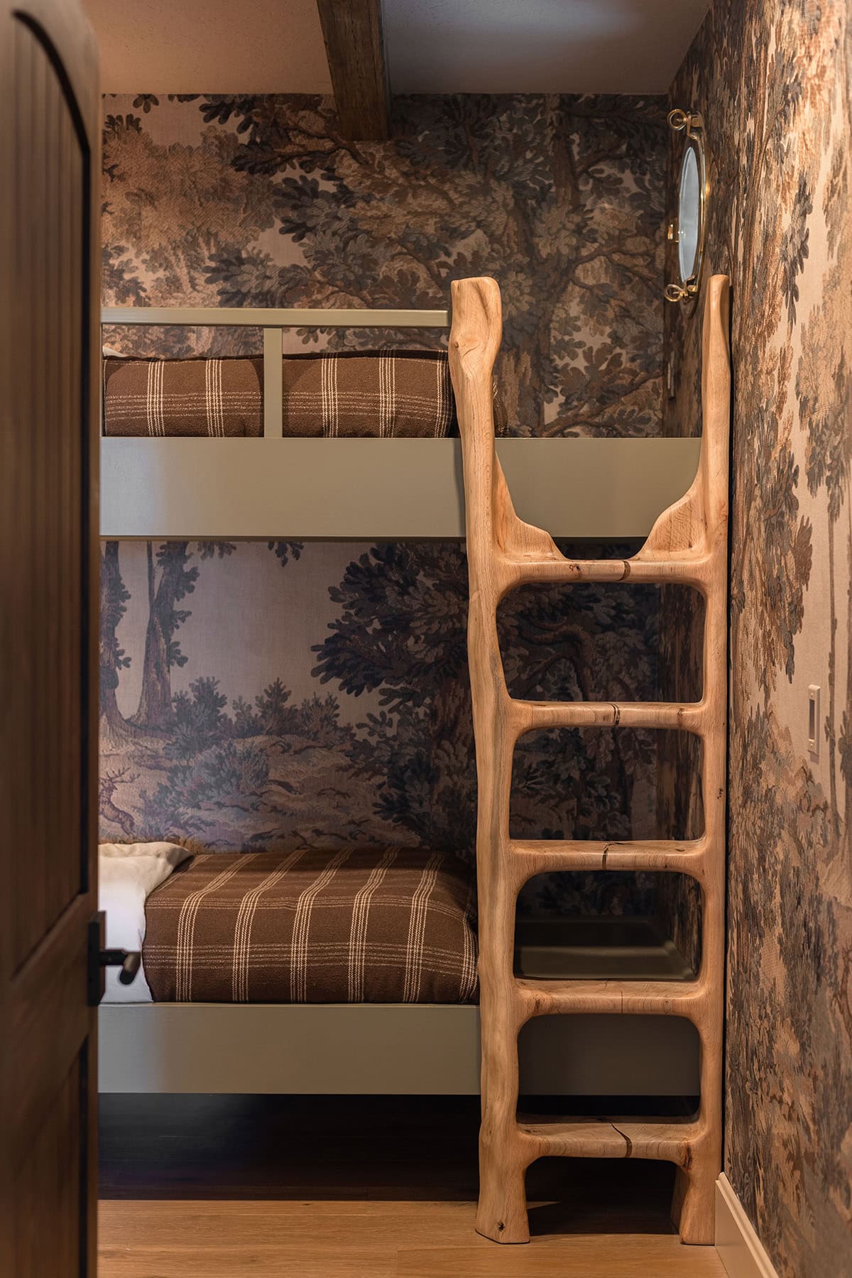 hand carved tree trunk wood bunk bed ladder with forest wall mural