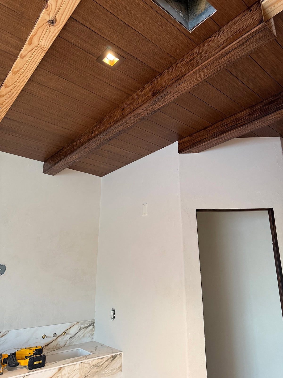 diy wood plank and beam ceiling tutorial