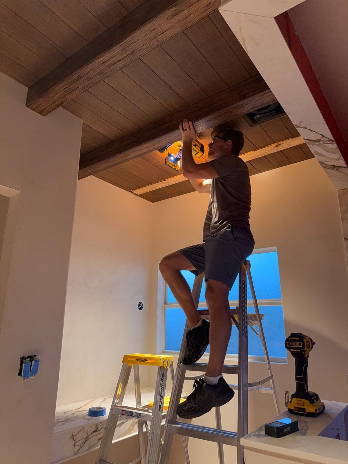 diy wood plank and beam ceiling tutorial