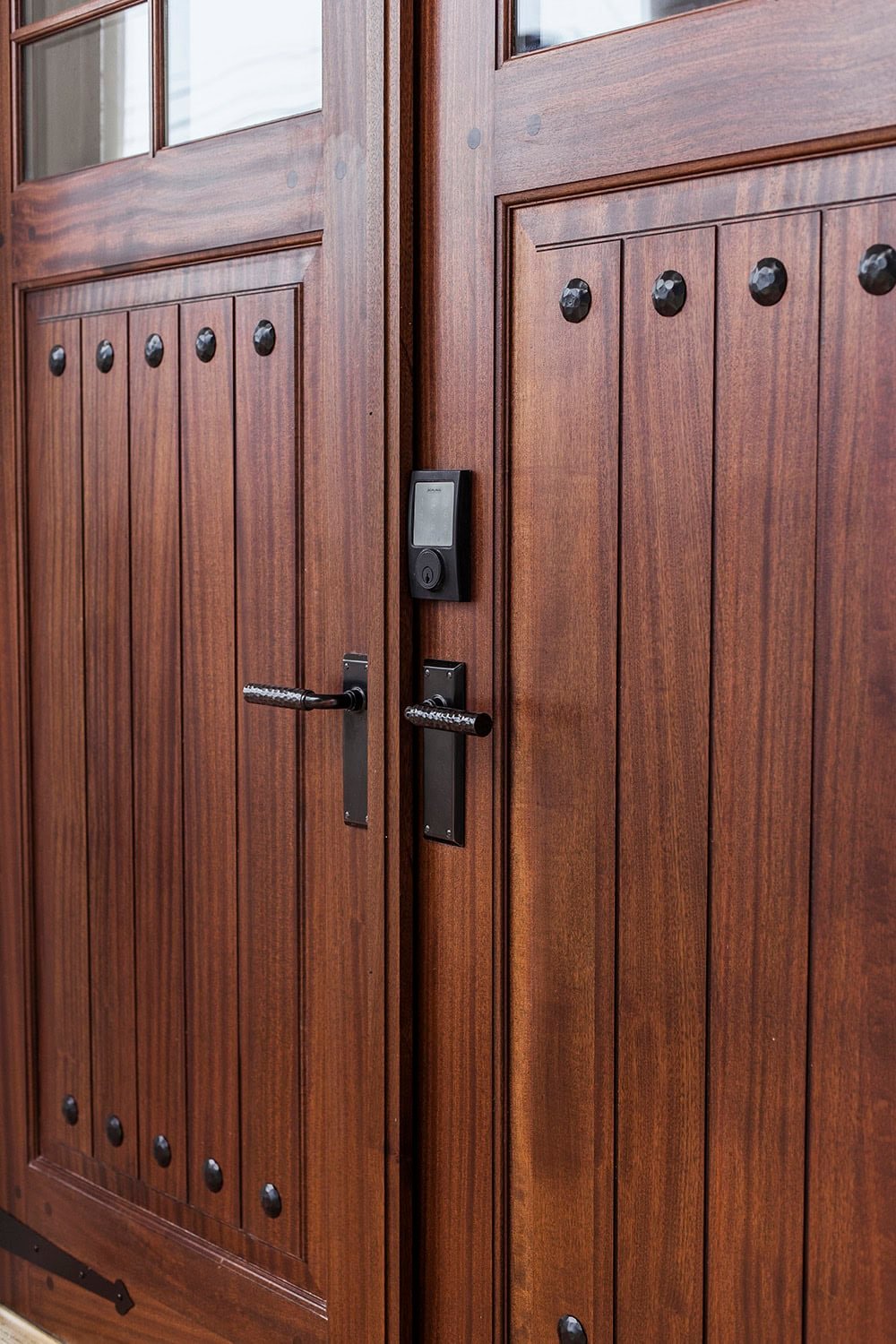 rustic mahogany front door with schlage keyless entry