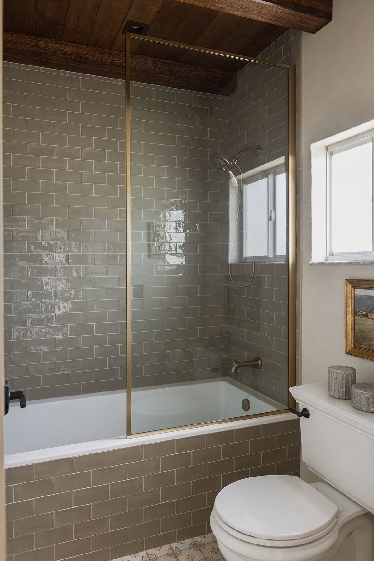 sage green subway tile shower
