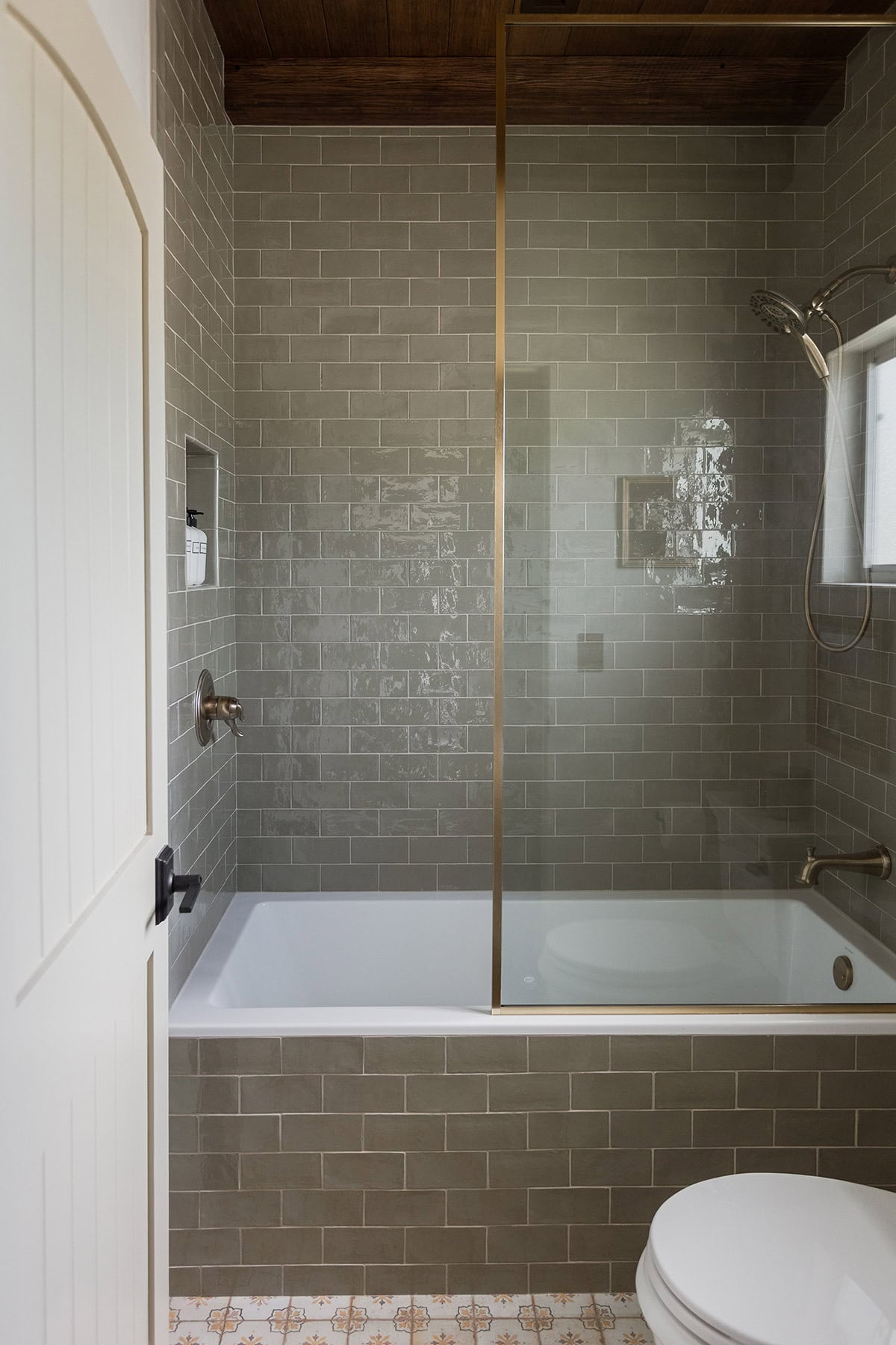 sage green subway tile shower