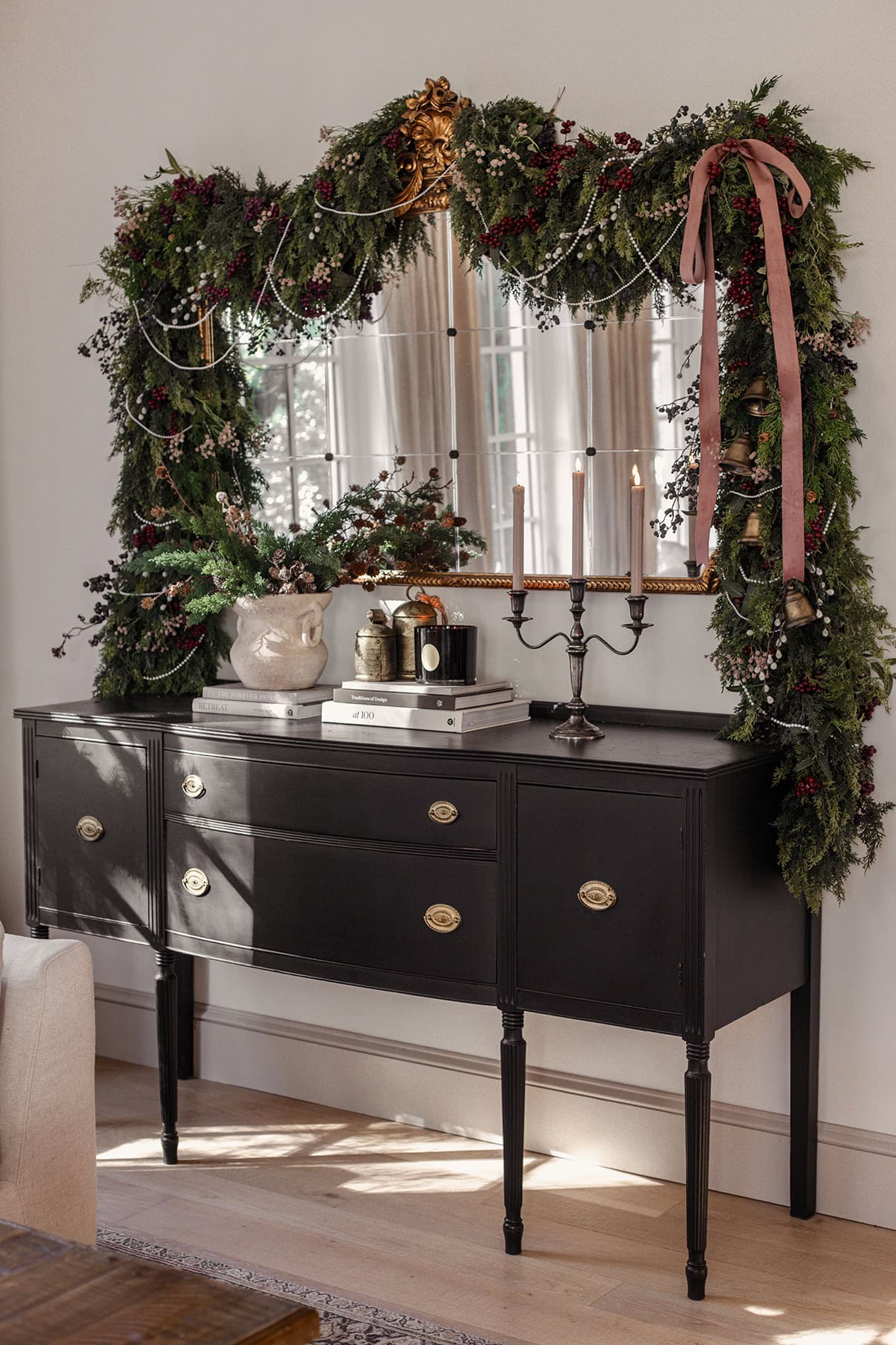 cedar garland mirror with berries and pearls