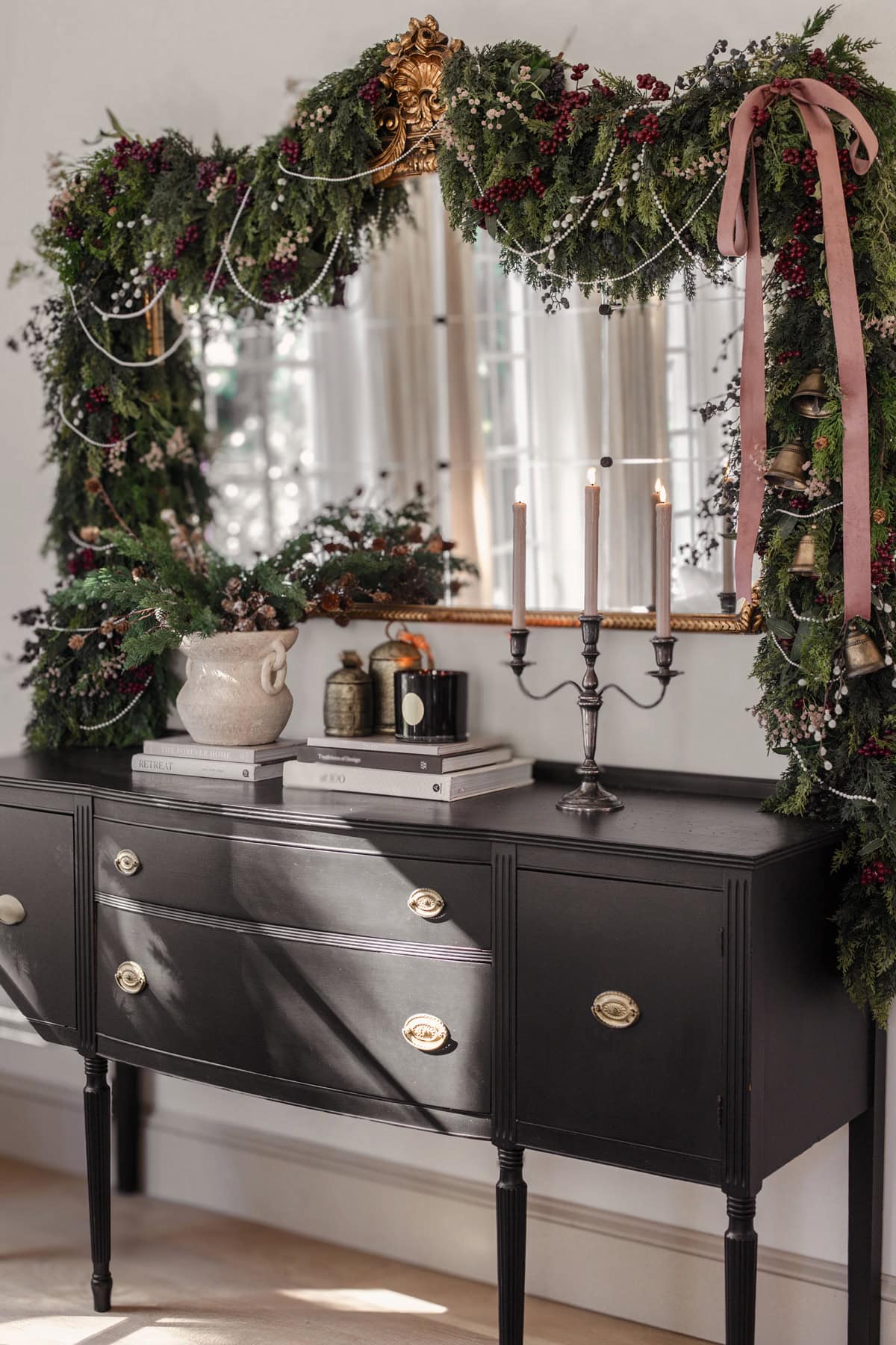 cedar garland mirror with berries and pearls