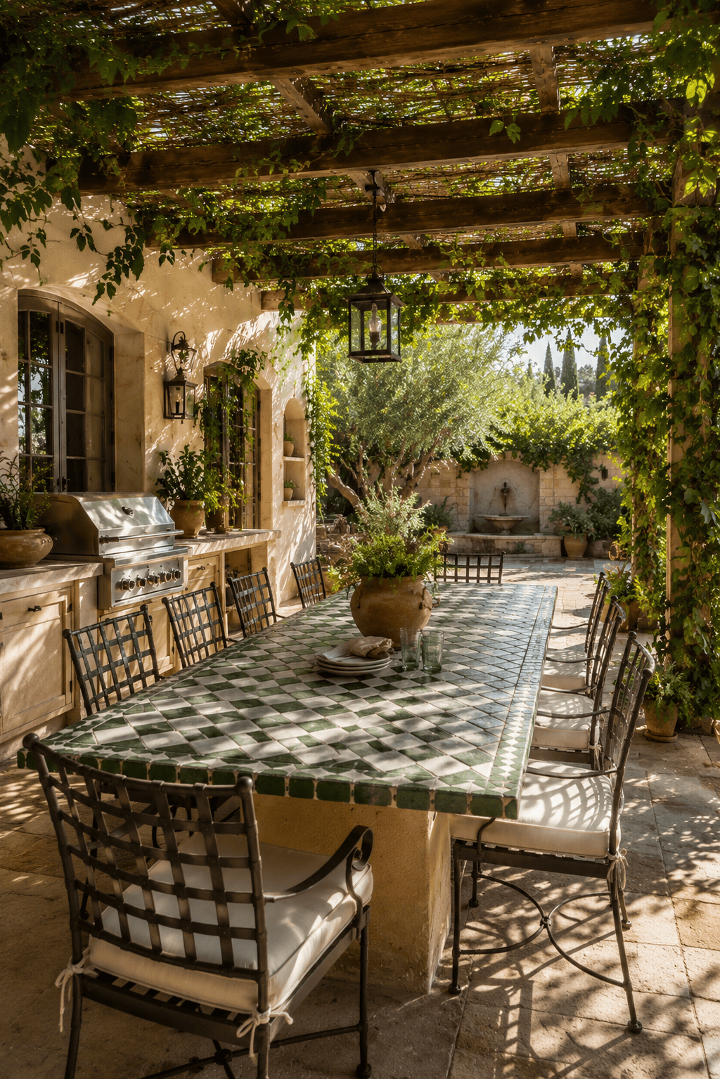 mediterranean outdoor dining tiled table under pergola