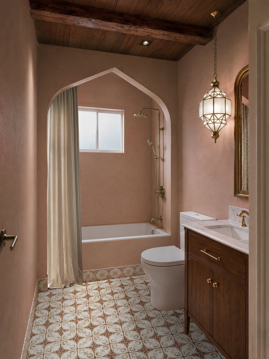rose alcove bathroom rendering with pink microcement walls