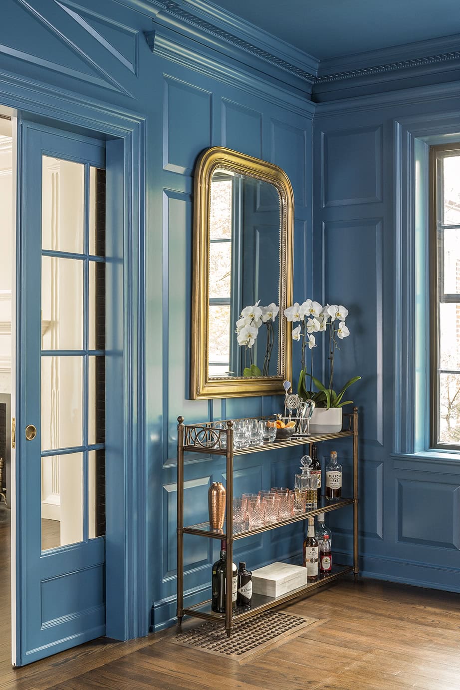 high gloss paint on blue walls, doors, trim