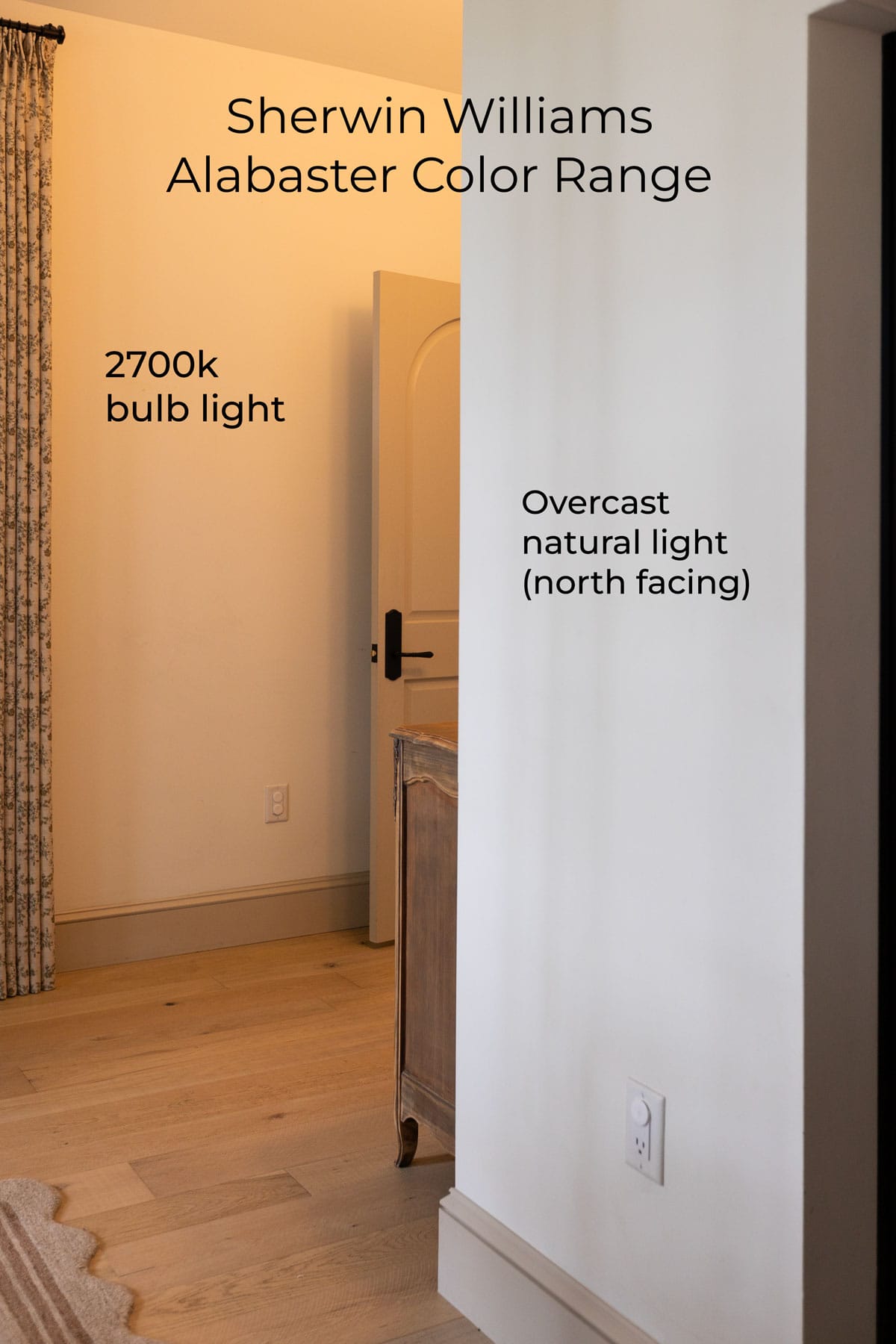 sherwin williams alabaster in warm artificial light vs overcast natural light